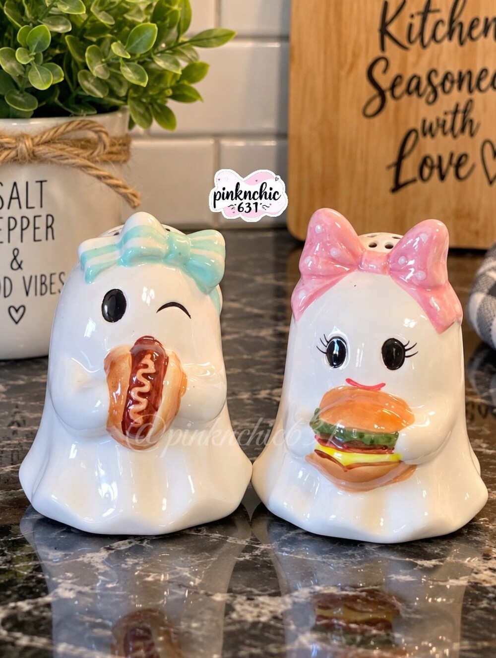 Ghost Salt And Pepper Shakers Hot Dog Hamburger Kitsch Halloween Decor